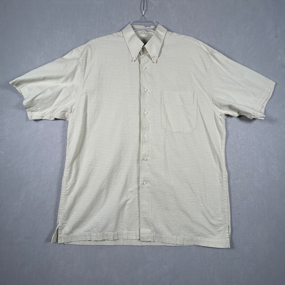 Jos A Bank Shirt Men Large Stays Cool Seersucker Button‎ Down Short Sleeve Green
